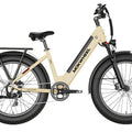 Tan MOKWHEEL Mesa Plus ST 750W step-thru electric bike with 26x4 fat tires, beach cruiser style, shown in product image.