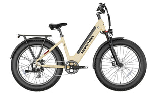 Tan MOKWHEEL Mesa Plus ST 750W step-thru electric bike with 26x4 fat tires, beach cruiser style, shown in product image.