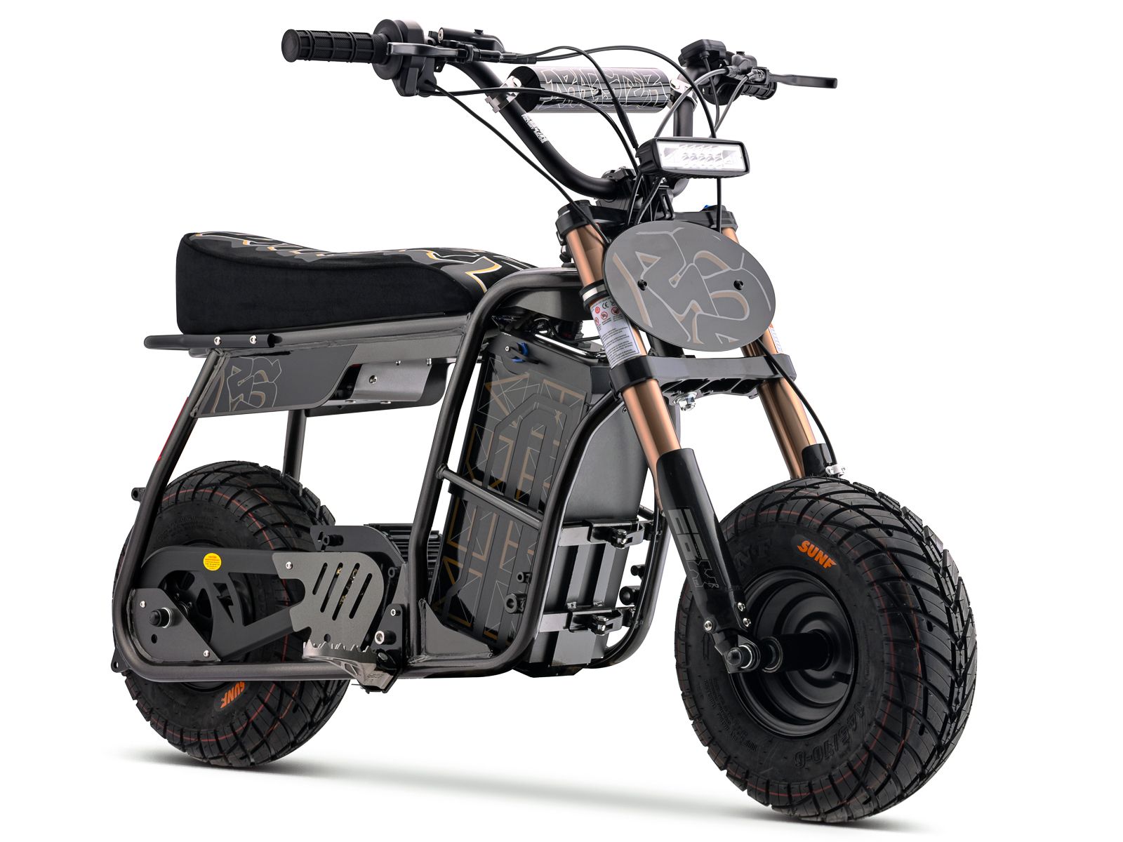 Side view of the eMOTO Stomp Ebox Dragster RS electric dirt bike in black and green, displayed on a white background.