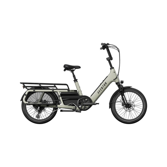 Aventon Abound LR electric cargo bike in sage green, side view, with rear cargo rack and step-through frame
