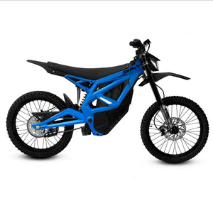 A black eMOTO Strike SRPNT X3 electric motorcycle parked on a white background, showcasing its sleek design and modern features.