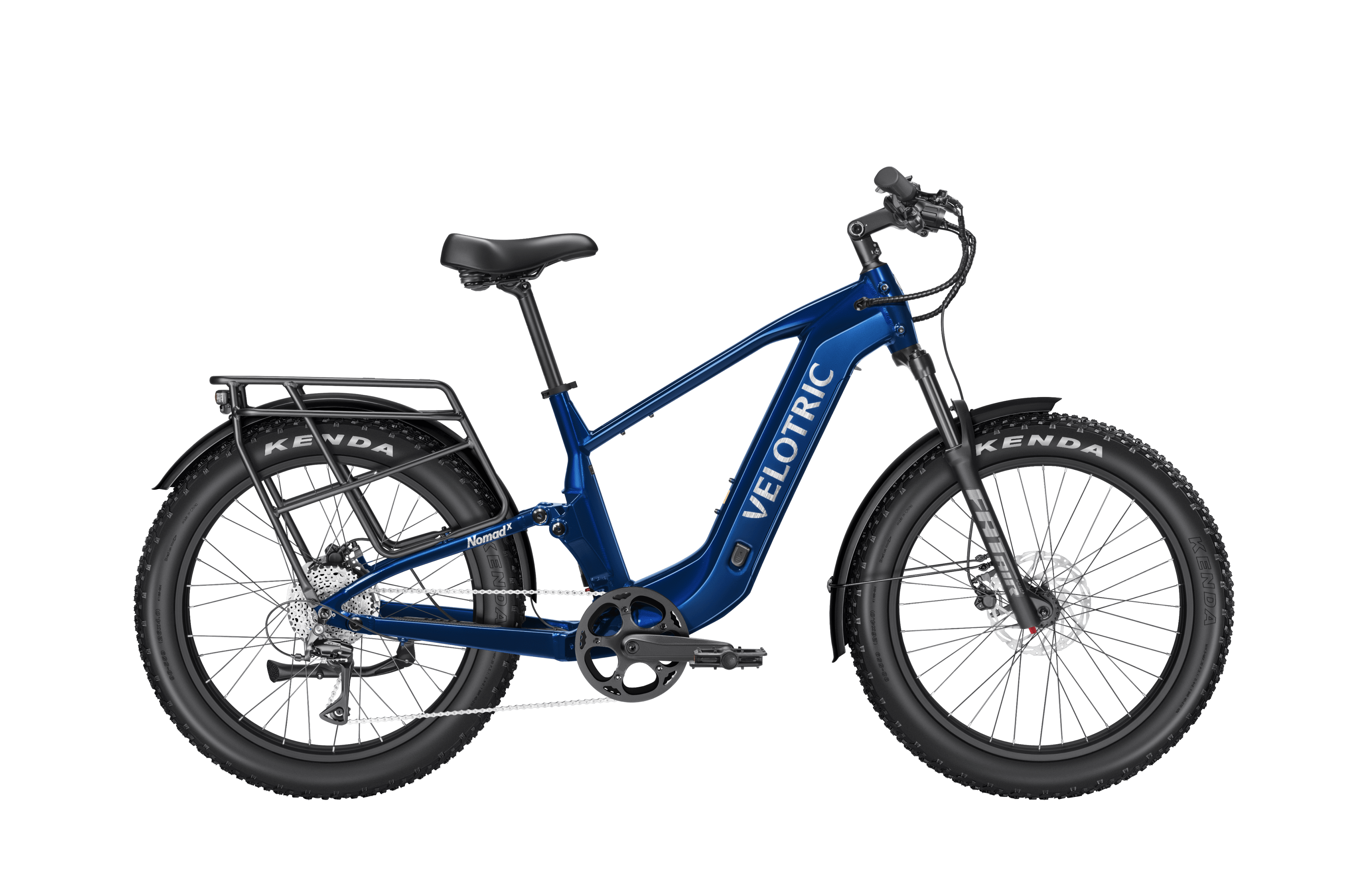 Royal blue Velotric Nomad 2X High Step eBike, side view, against a plain background