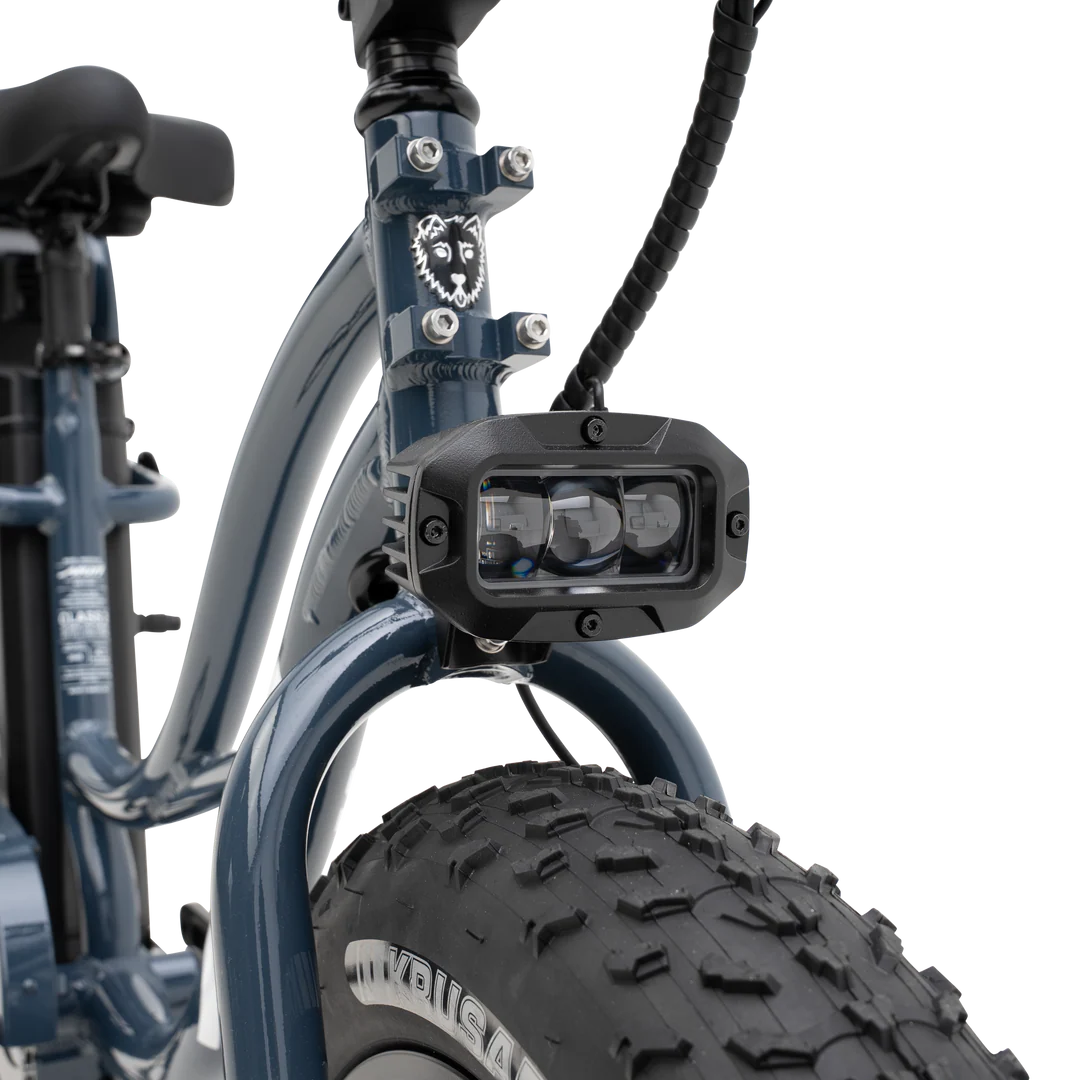 A black Murf Higgs Plus eBike parked on a paved path, featuring fat tires, a step-through frame, and a rear cargo rack, with greenery in the background.