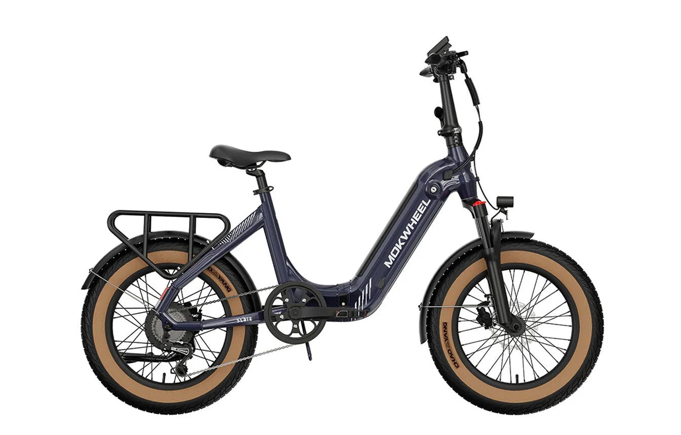 Blue MOKWHEEL Slate 500W step-thru folding electric bike with 20x3 road tires, shown from the side