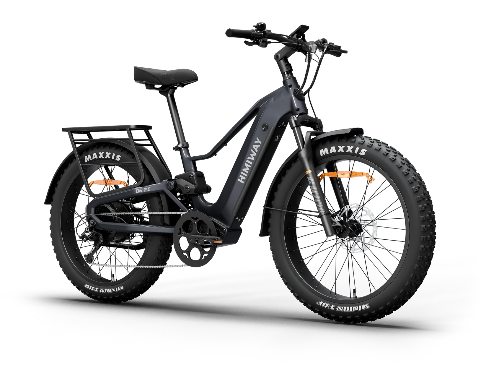 Side view of the Himiway D5 2.0 eBike in space grey, showcasing its sturdy frame, thick tires, and integrated battery design.