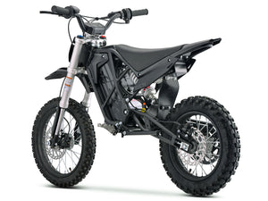 Side view of the eMOTO Stomp Ebox V3 60 electric dirt bike, showcasing its frame, wheels, and suspension system against a plain background.