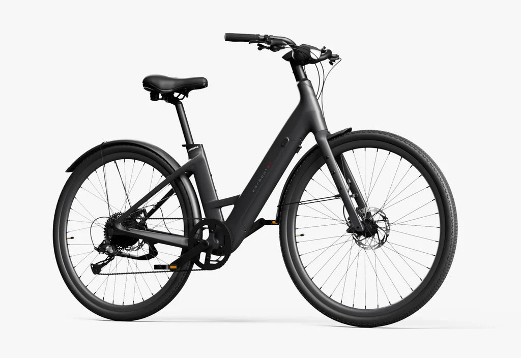 Side view of the Urtopia Carbon 1 Step Thru eBike in black, showcasing its lightweight carbon frame, step-through design, and integrated display on the handlebars.