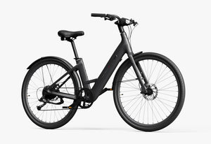 Side view of the Urtopia Carbon 1 Step Thru eBike in black, showcasing its lightweight carbon frame, step-through design, and integrated display on the handlebars.