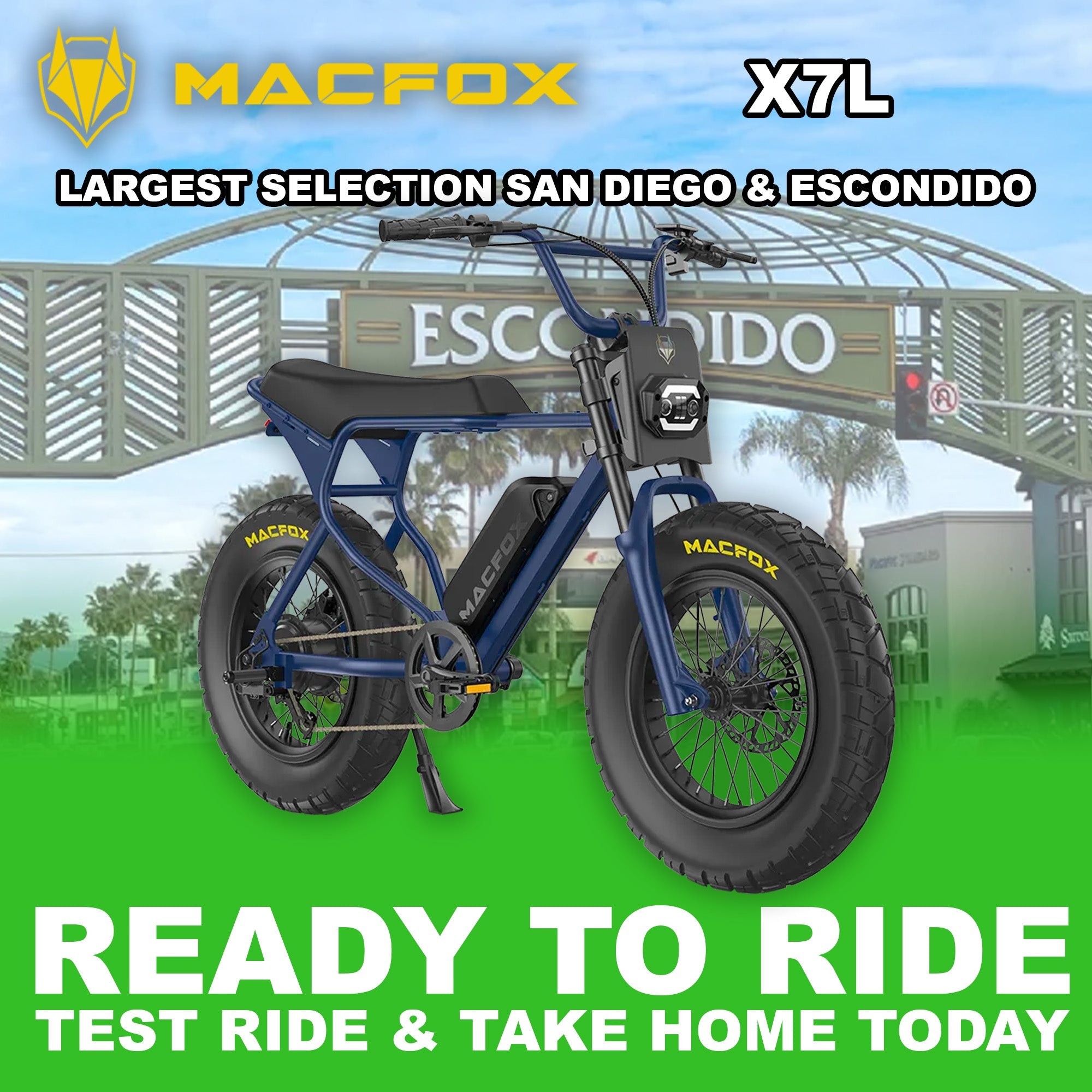 Navy blue Macfox X7L eBike side view with R2R branding, displayed on a white background.