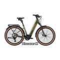 Velotric Discover M eBike in Olivine Green, regular size, shown in its box with packaging.