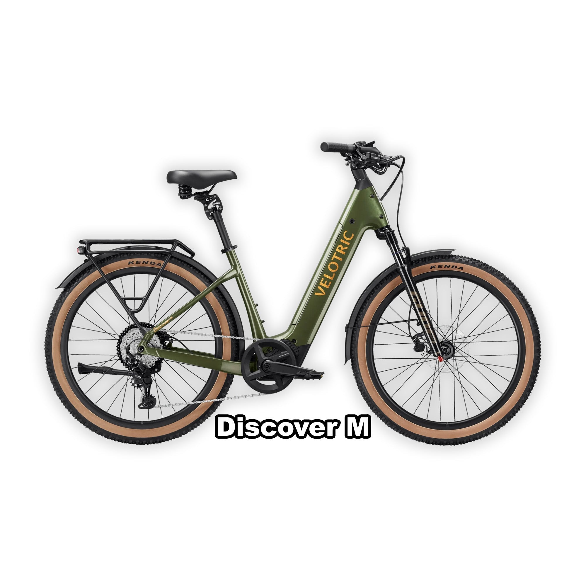 Velotric Discover M eBike in Olivine Green, regular size, shown in its box with packaging.