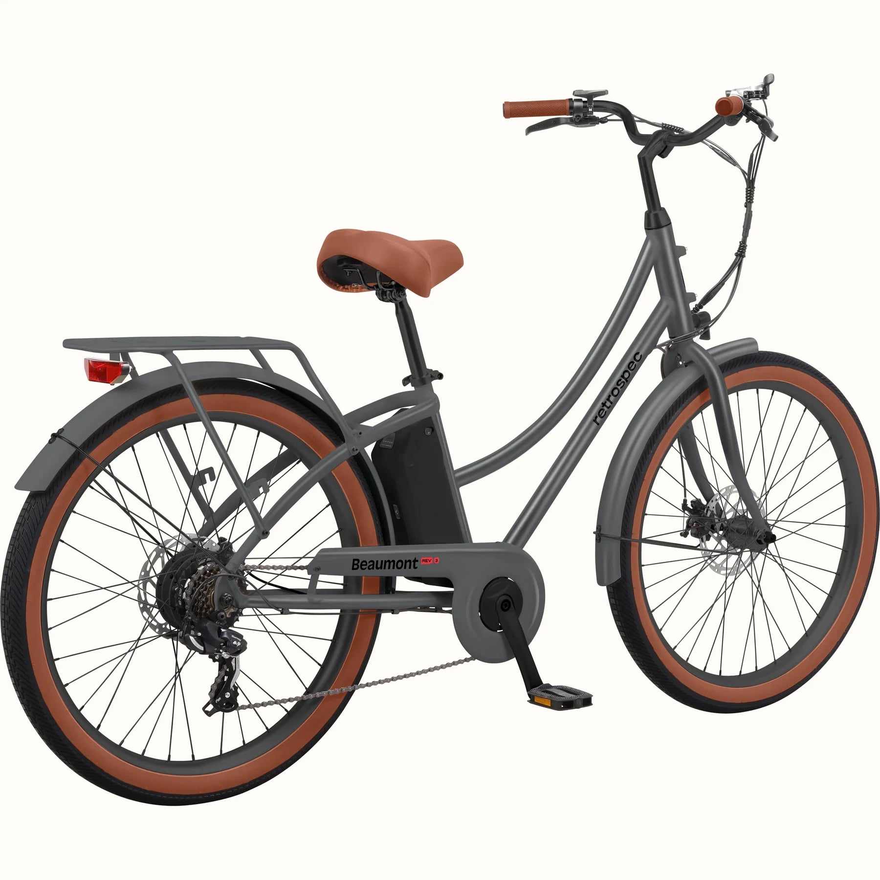 Retrospec Beaumont Rev 3 electric bike in matte graphite color, side view, showing step-through frame and rear rack.