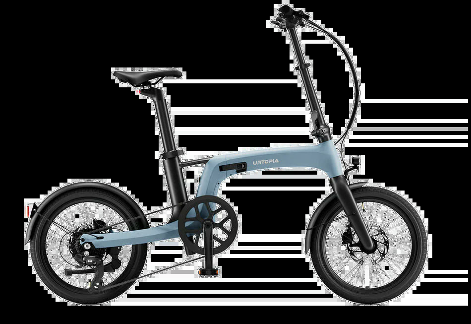 Blue Urtopia Carbon Fold 2 eBike, side view, folded, on a white background
