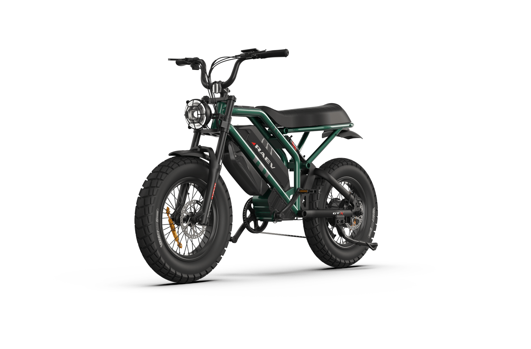 Side view of the eMOTO RAEV Bullet GTX Emoto eBike, a 1500W moto-style electric bike featuring dual suspension, black frame, thick tires, and a modern, rugged design.