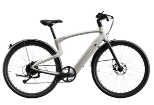 Side view of the Urtopia Carbon Classic eBike in creme color, showcasing its lightweight carbon frame, sleek design, and integrated components against a plain background.
