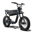 Side view of the eMOTO eBike Super73 B1G in a showroom, highlighting its frame, tires, and handlebars.