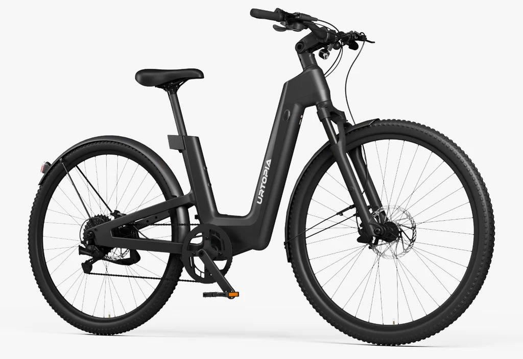 Side view of the Urtopia Carbon Fusion Pro eBike in Blazing Black, showcasing its sleek carbon frame, integrated battery, and modern design against a plain background.