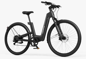 Side view of the Urtopia Carbon Fusion Pro eBike in Blazing Black, showcasing its sleek carbon frame, integrated battery, and modern design against a plain background.