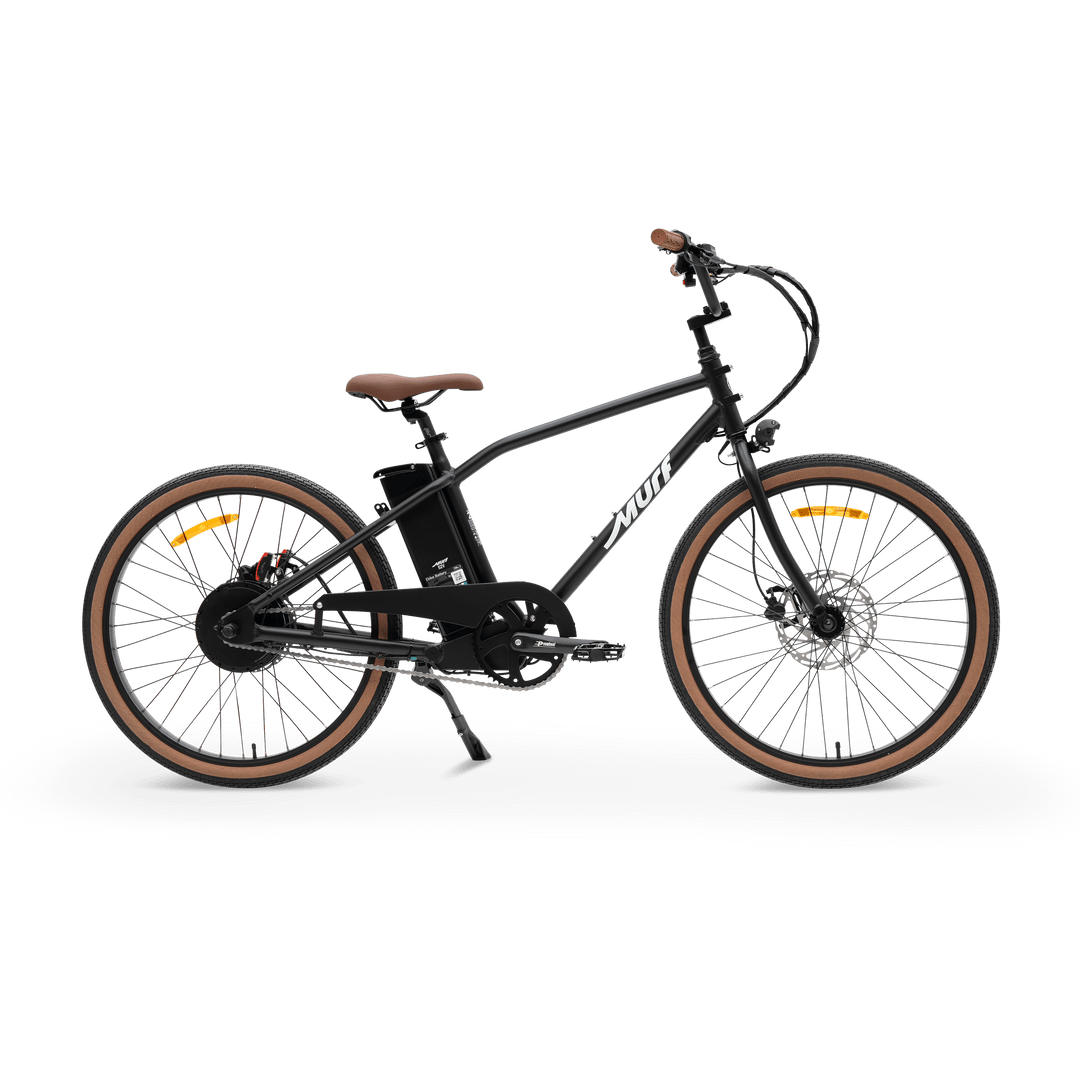 A black MURF Otis eBike with fat tires, front suspension fork, and rear cargo rack, displayed on a white background.