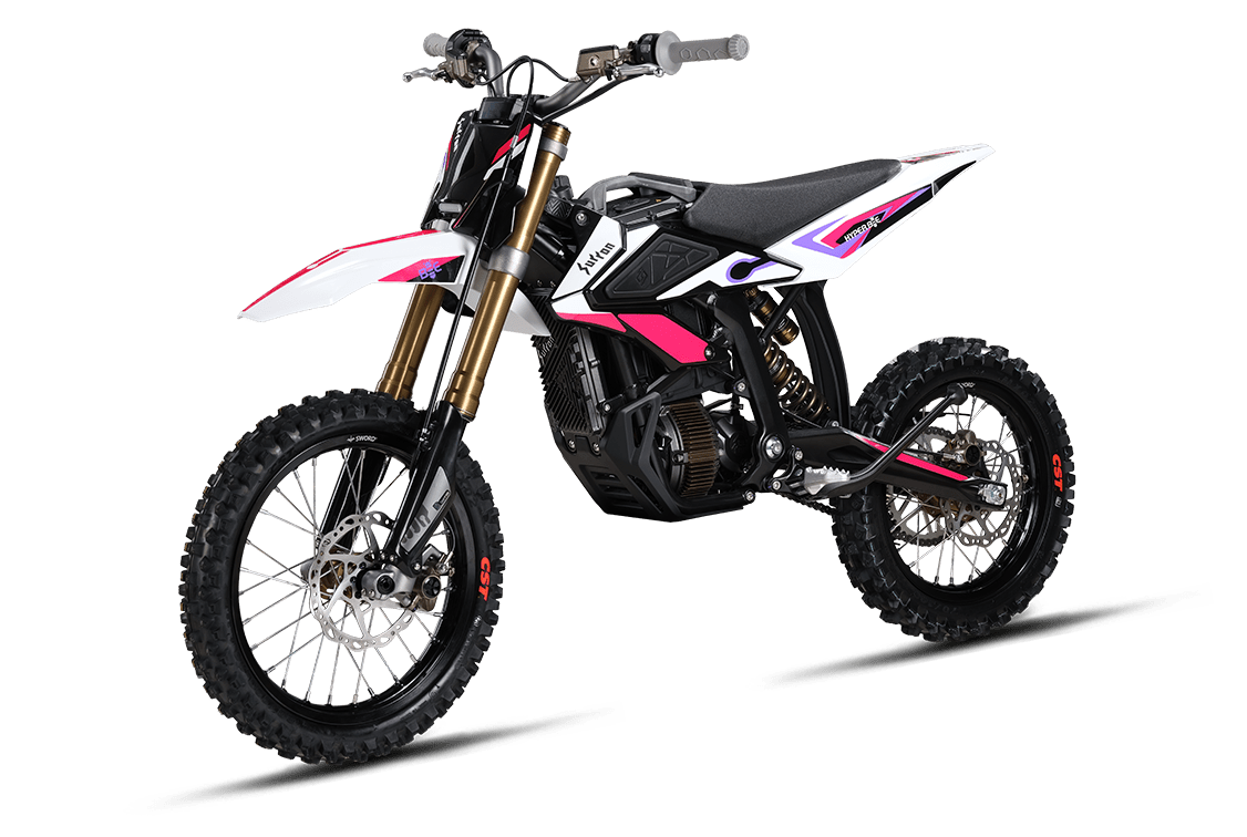 Side view of the eMOTO Surron Hyper Bee electric bike, showcasing its lightweight frame, off-road tires, and 5kW motor against a neutral background.