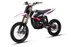 Side view of the eMOTO Surron Hyper Bee electric bike, showcasing its lightweight frame, off-road tires, and 5kW motor against a neutral background.