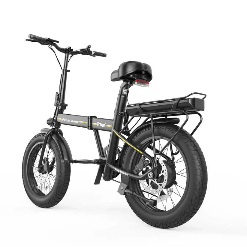 Alt text: FREEGO E4 Electric Folding Fat Tire eBike, step-over frame, 500W motor, black color, folded position, thick tires, outdoor background