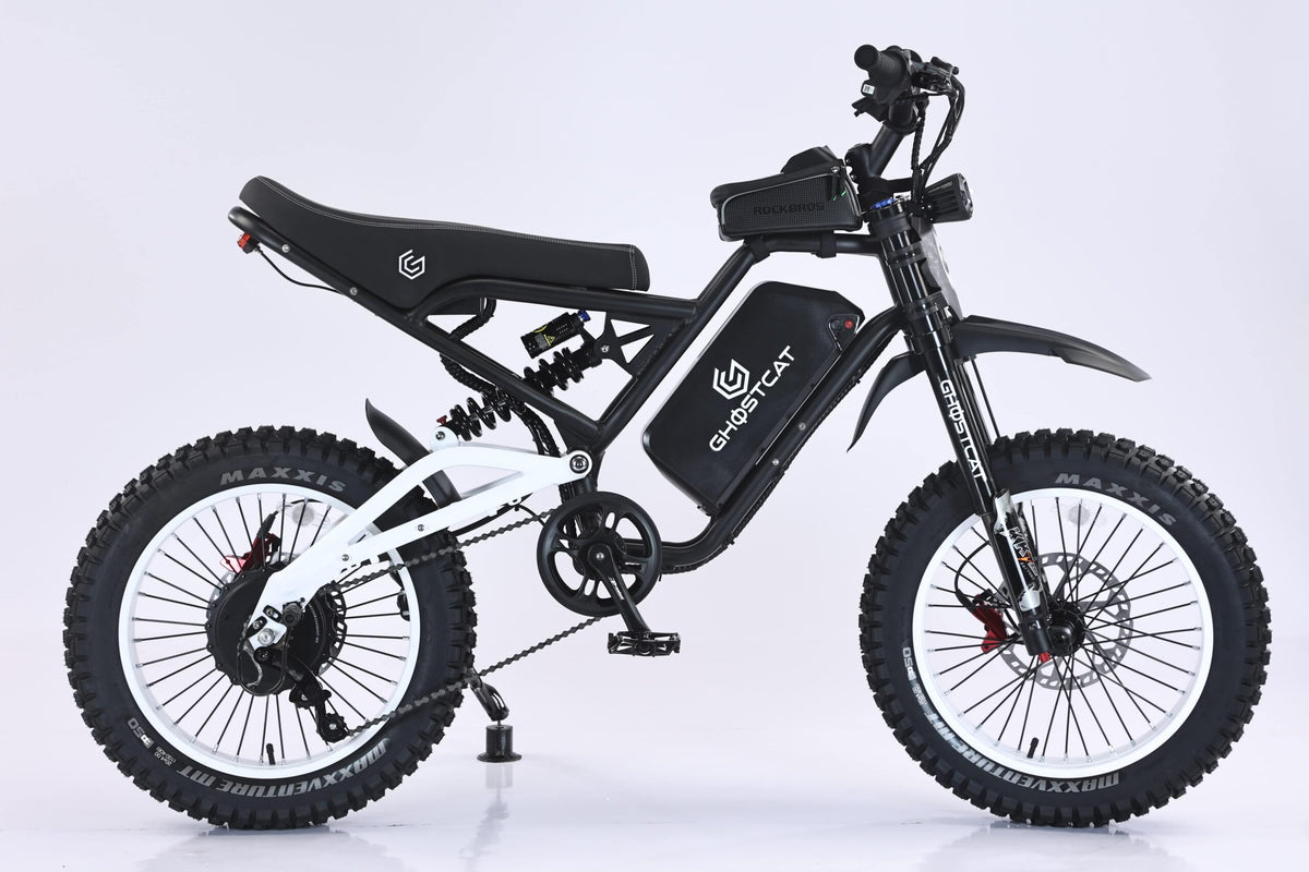White eBike Ghostcat F4X side view, showcasing frame design, wheels, and handlebars against a plain background.