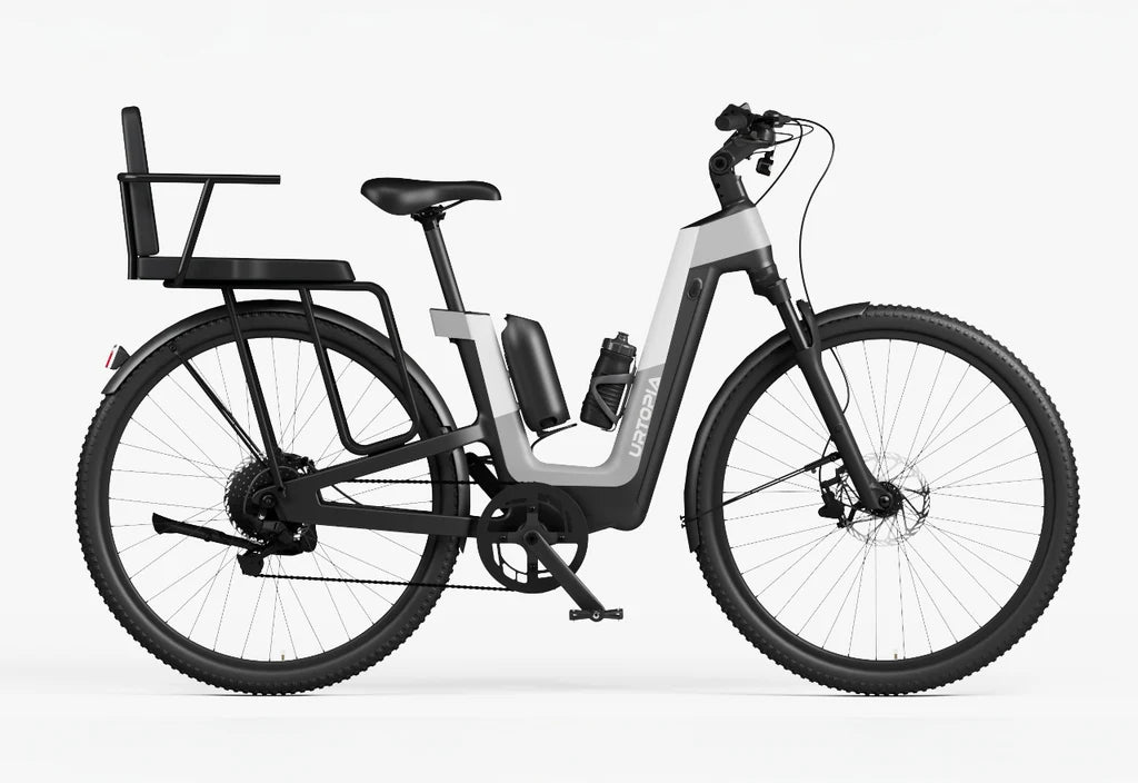 Side view of the Urtopia Carbon Fusion Pro eBike in Elegant Gray, showcasing its sleek frame, integrated battery, and modern design against a plain background.