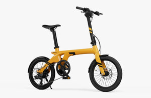 Urtopia Carbon Fold 1 eBike in Saffron Yellow, side view, folded position, showcasing lightweight carbon frame and compact design.