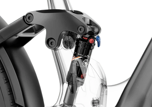 Black and red Mokwheel Obsidian ST eBike, side view, showcasing frame design and color scheme.