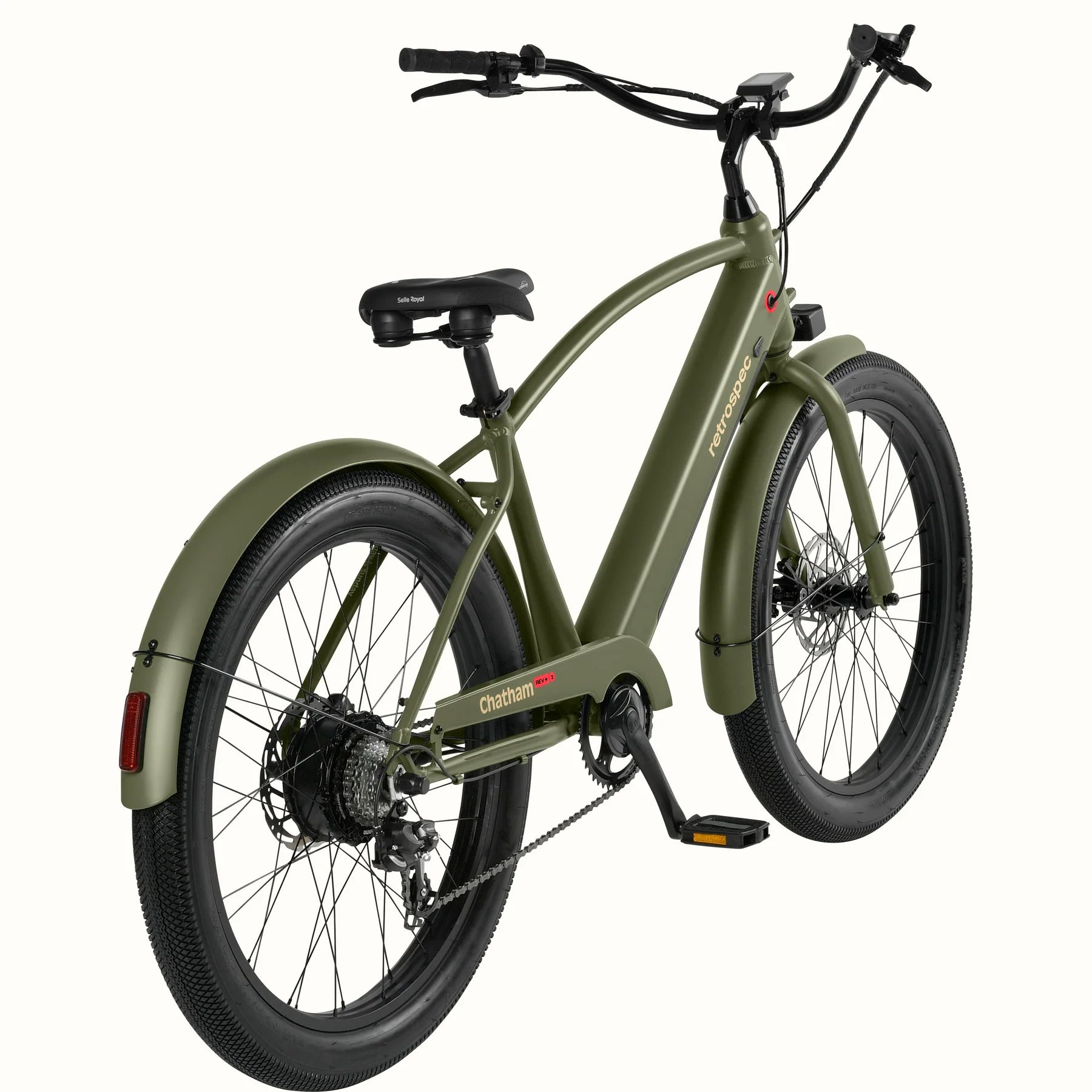 Retrospec Chatham Rev Plus 2 eBike in matte olive drab, step-over frame, side view