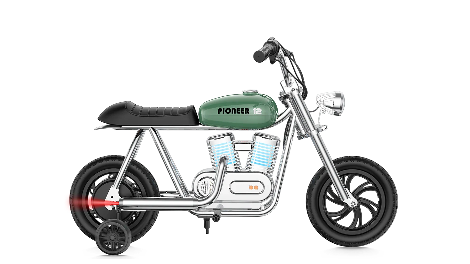 Green eMOTO Hyper Gogo Pioneer 12 Plus electric bike with training wheels, shown in side view, featuring app connectivity.