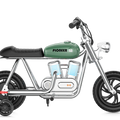 Green eMOTO Hyper Gogo Pioneer 12 Plus electric bike with training wheels, shown in side view, featuring app connectivity.