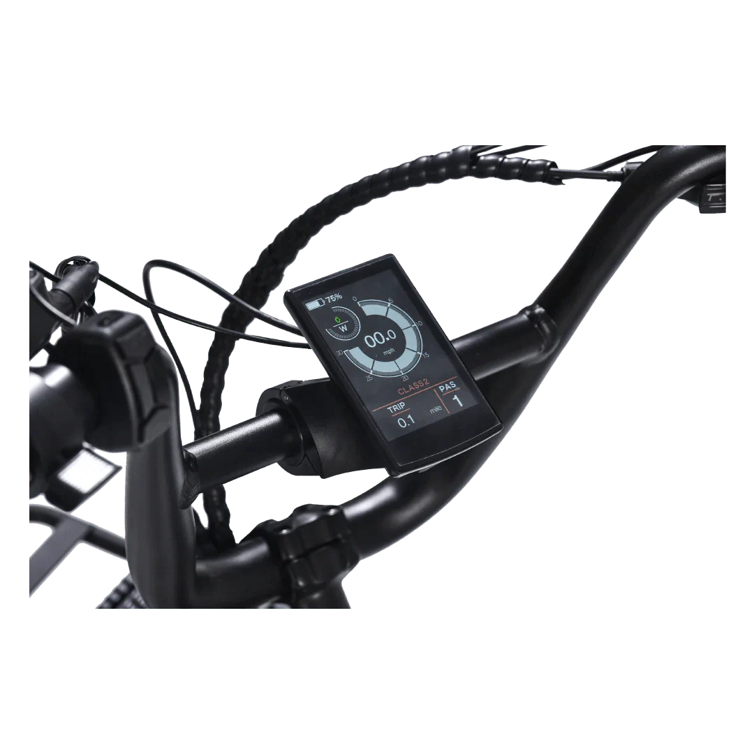 A side view of the eBike Revi Flux ST electric bicycle, showcasing its sleek frame, integrated battery, and upright handlebars against a plain background.