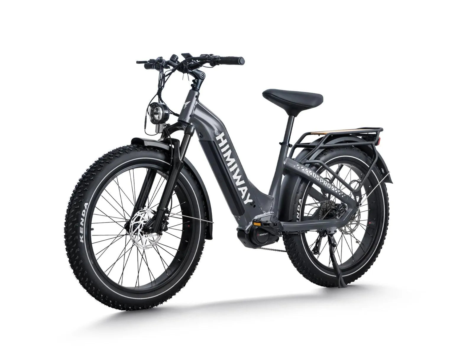 Side view of the Himiway D5 Pro Step Thru eBike in space grey, showcasing its step-through frame, battery, and wheels against a plain background.