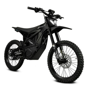 Black eMOTO Strike SRPNT X3 electric motorcycle, side view, on a white background