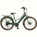 Retrospec Beaumont Rev 3 Plus eBike in Fern green, side view, showing step-through frame, rear rack, and front basket.