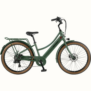 Retrospec Beaumont Rev 3 Plus eBike in Fern green, side view, showing step-through frame, rear rack, and front basket.