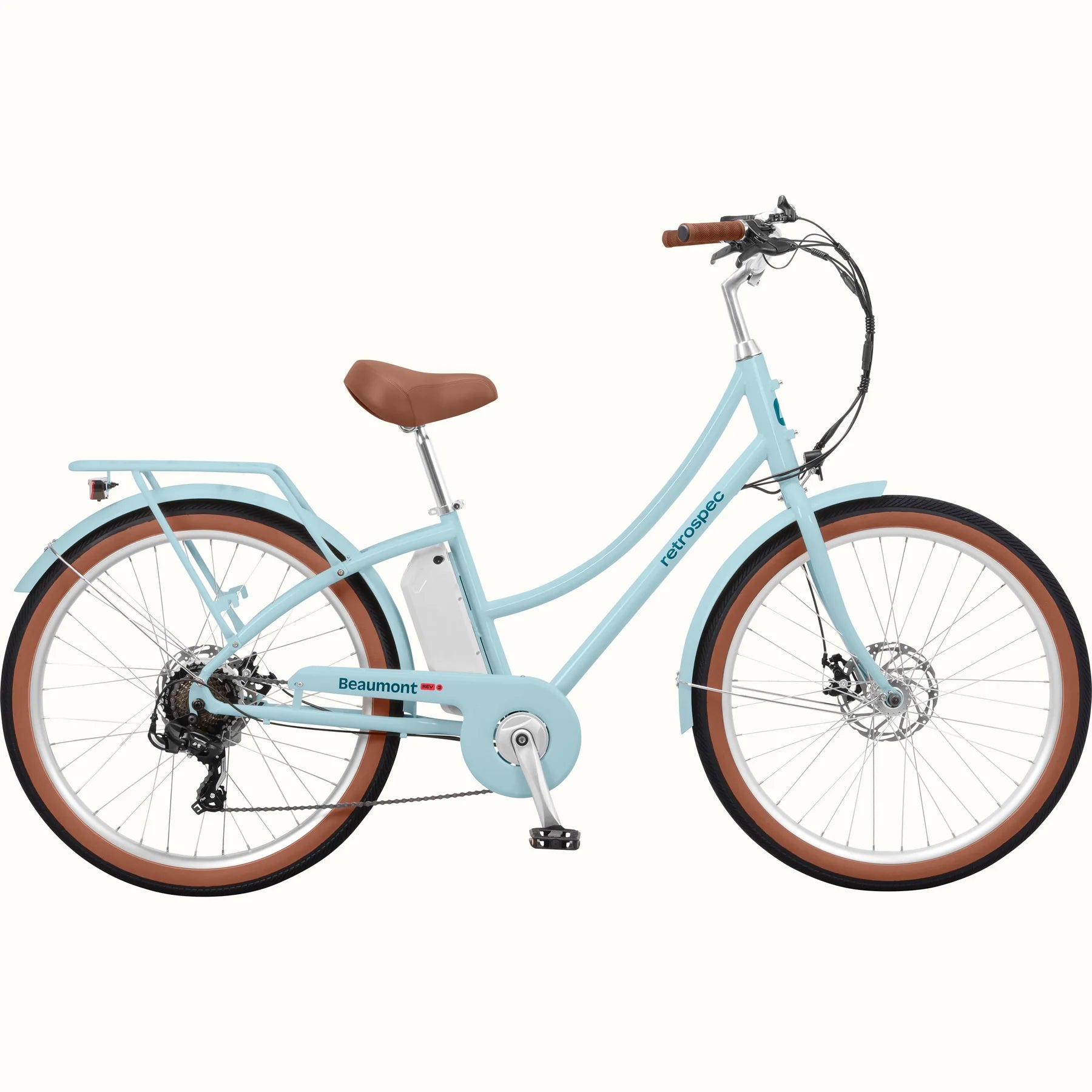 Retrospec Beaumont Rev 3 eBike in Larimar color, side view, showing step-through frame, rear rack, and front basket.