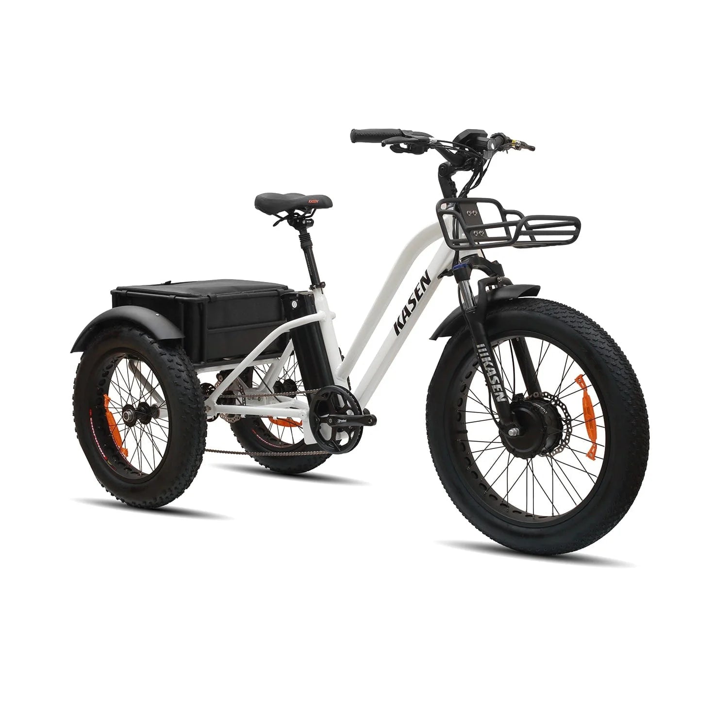 Front view of a white KASEN Trike 500W electric trike with 20x4 fat tires and three wheels.