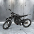 eMOTO eRide Pro SR Electric Dirt Bike in black and red, side view, showcasing 72v 3600WH battery and rugged off-road tires