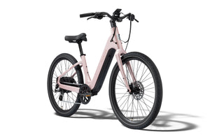 Aventon Pace 5 REC electric bike, step-thru frame, Sakura pink color, side view on white background