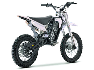Side view of the eMOTO Stomp Ebox V3 60 electric dirt bike, showcasing its frame, wheels, and suspension system against a plain background.