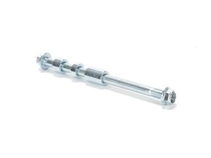 Product image of the eBike EBOX 12mm rear wheel axle with spacers, compatible with EBOX 1 and EBOX 2 models, showing the axle and included spacer components.