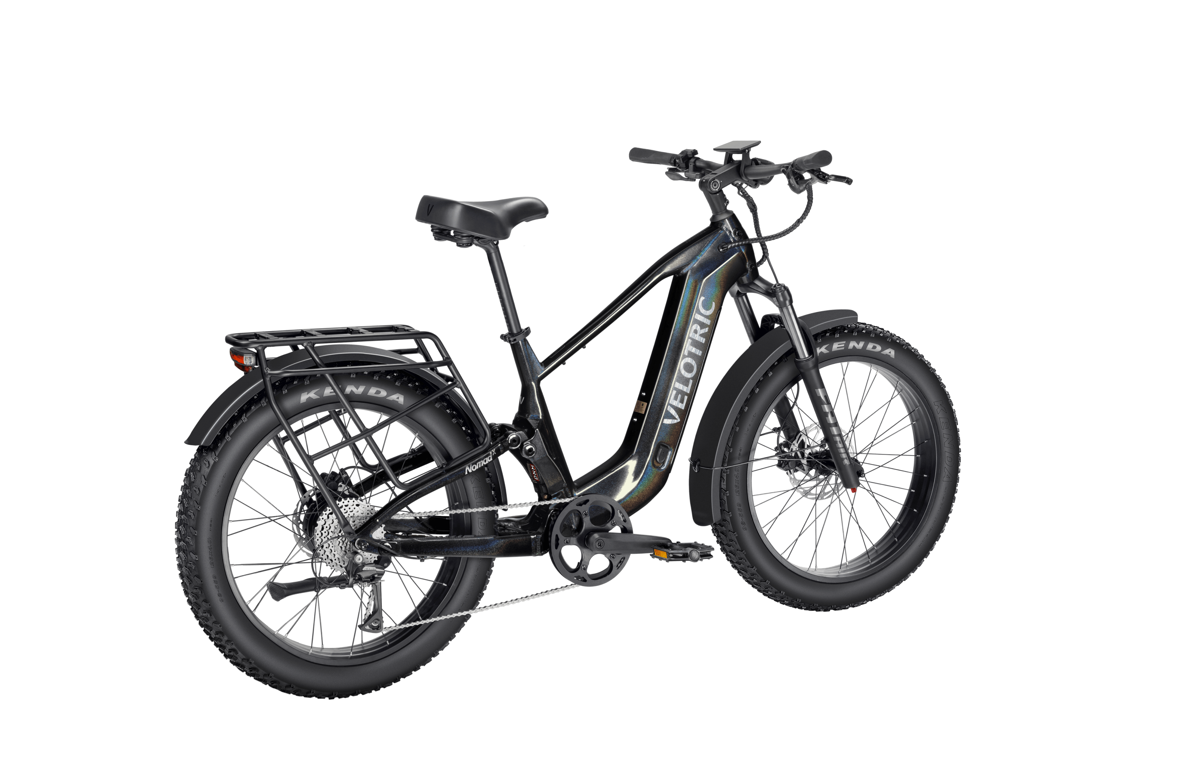Obsidian black Velotric Nomad 2X High Step eBike, side view, showcasing sturdy frame, thick tires, and integrated battery.