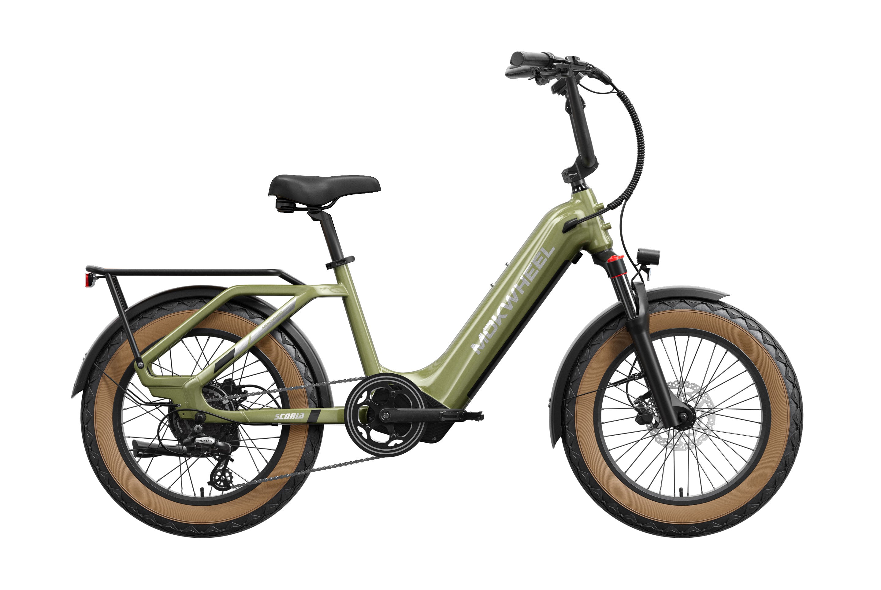 Olive green Mokwheel Scoria 2.0 eBike side view with step-through frame and rear cargo rack