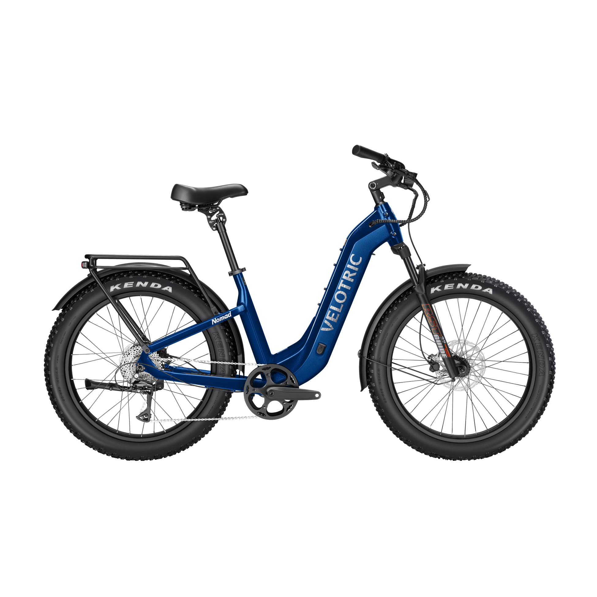 Velotric Nomad 2 eBike in Midnight Blue, step-thru frame, side view