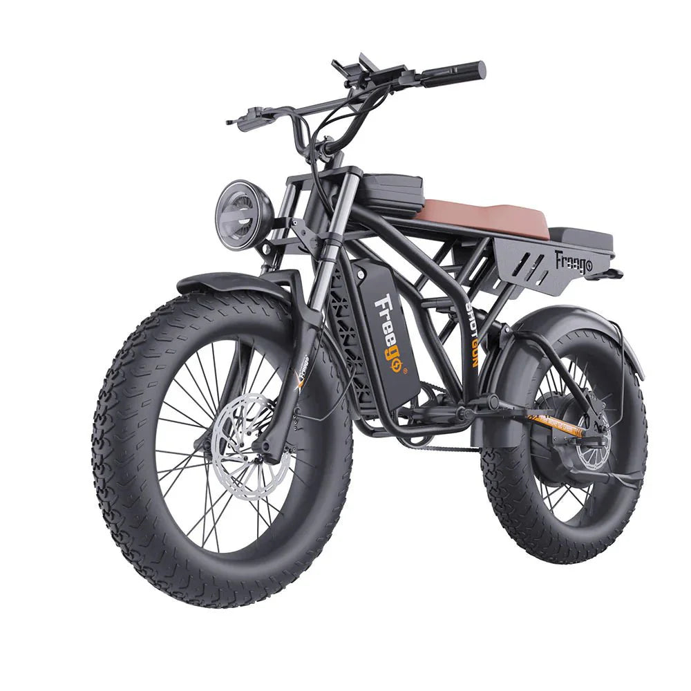 A black eMOTO FREEGO Shotgun Prime F2 Plus-Moto 1000W electric cargo e-bike with a sturdy frame, large tires, and rear cargo rack, photographed from the side.