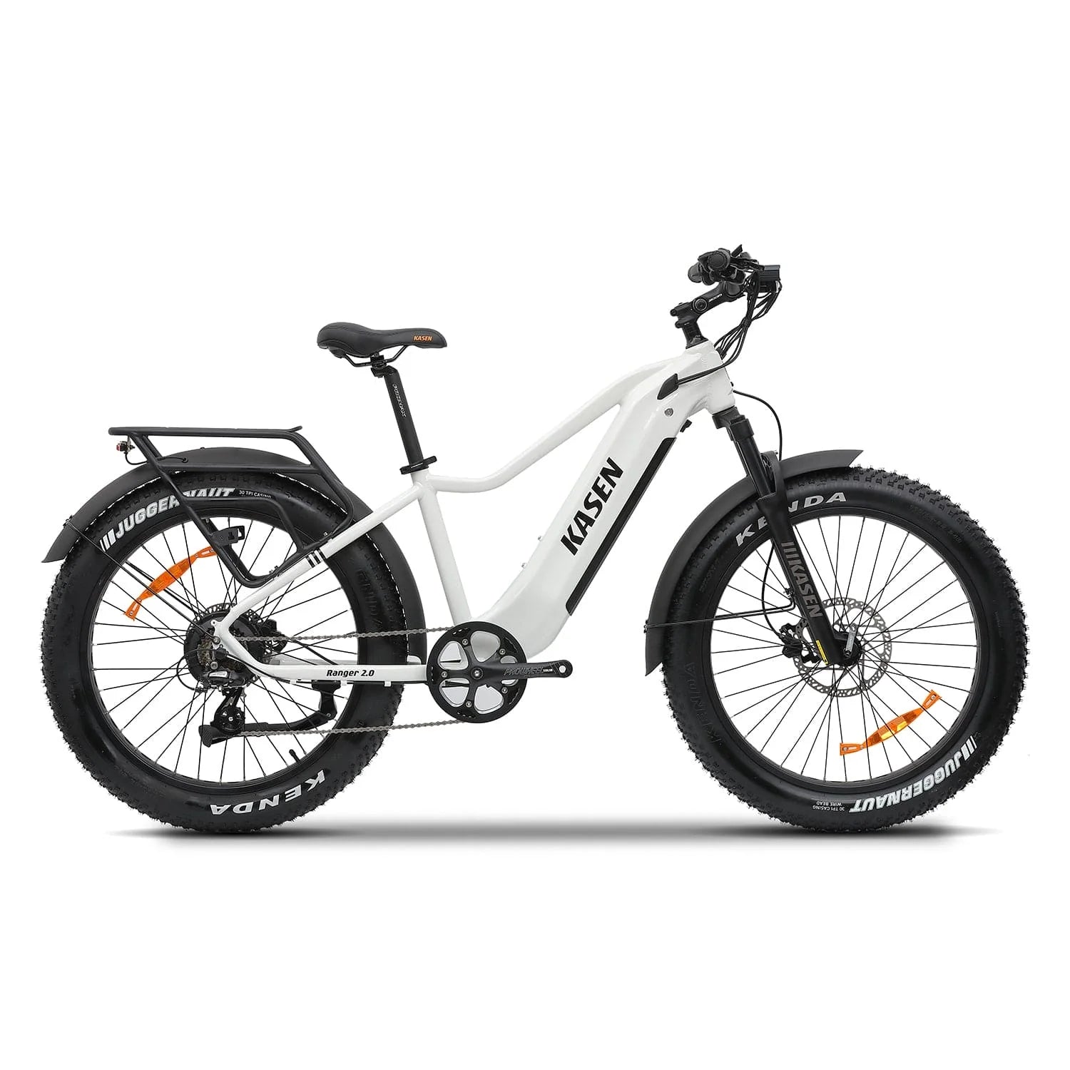 White KASEN Ranger 2.0 750W electric bike with 26x4 fat tires, designed as a fat tire electric beach cruiser.