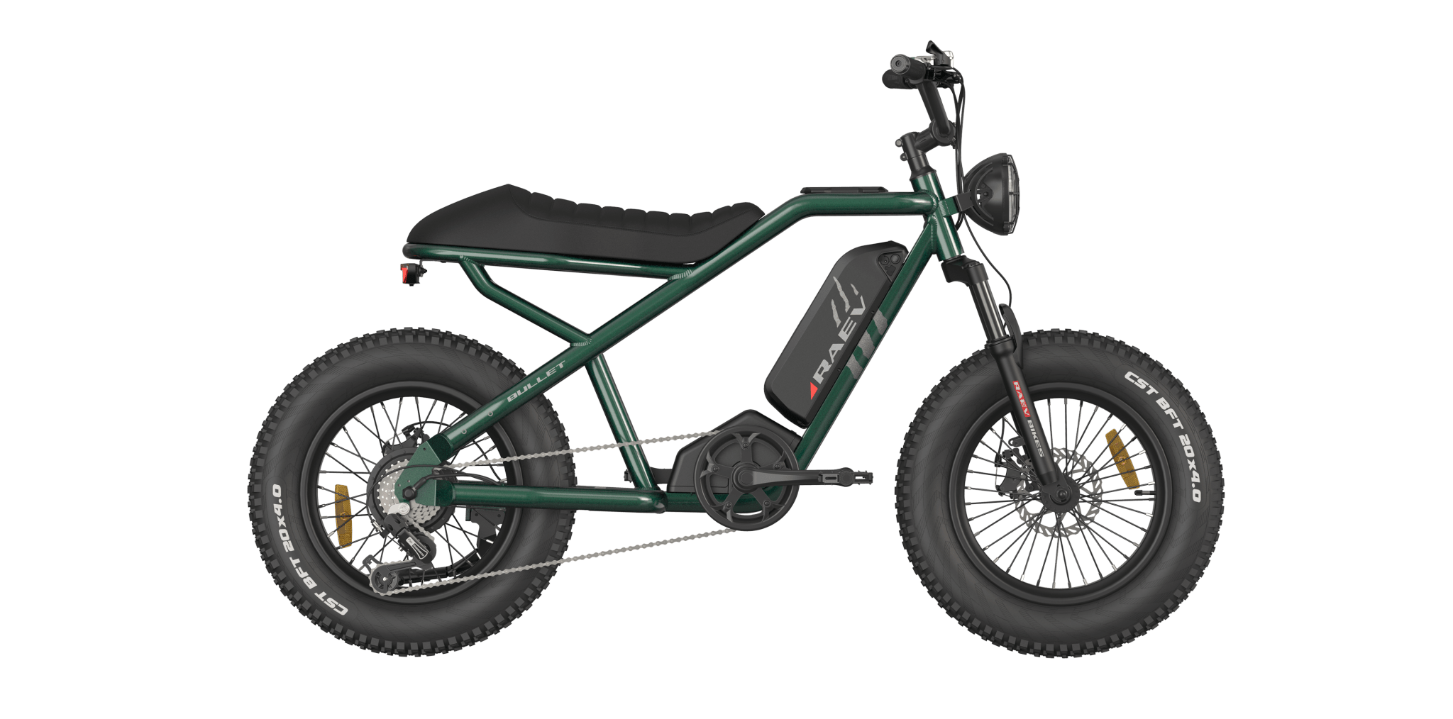 Side view of the eMOTO RAEV Bullet V2 Electric e-Moto Style eBike-Moto 500W Electric Pit Bike, showcasing its sleek black frame, thick tires, and modern design against a plain background.